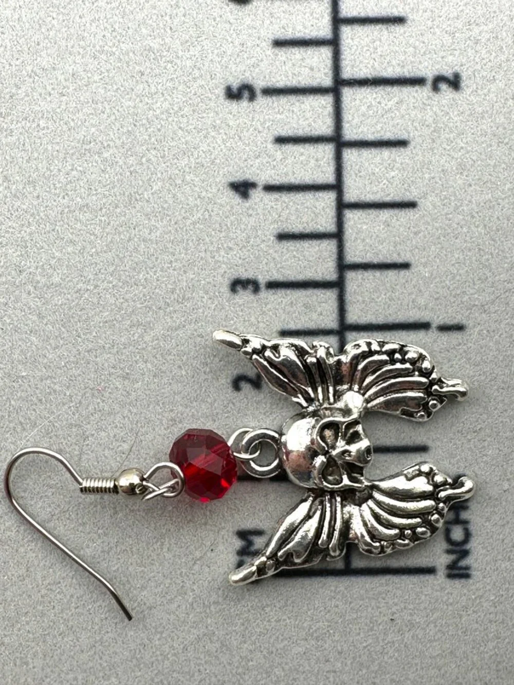 Winged Skull Earrings Red Crystal Gothic Halloween Silver Tone Dangle